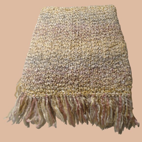 Handwoven Scarf Throw Pastel Textured Fringe  60 by 54 Tan Grey Mauve Multicolor - Picture 1 of 13